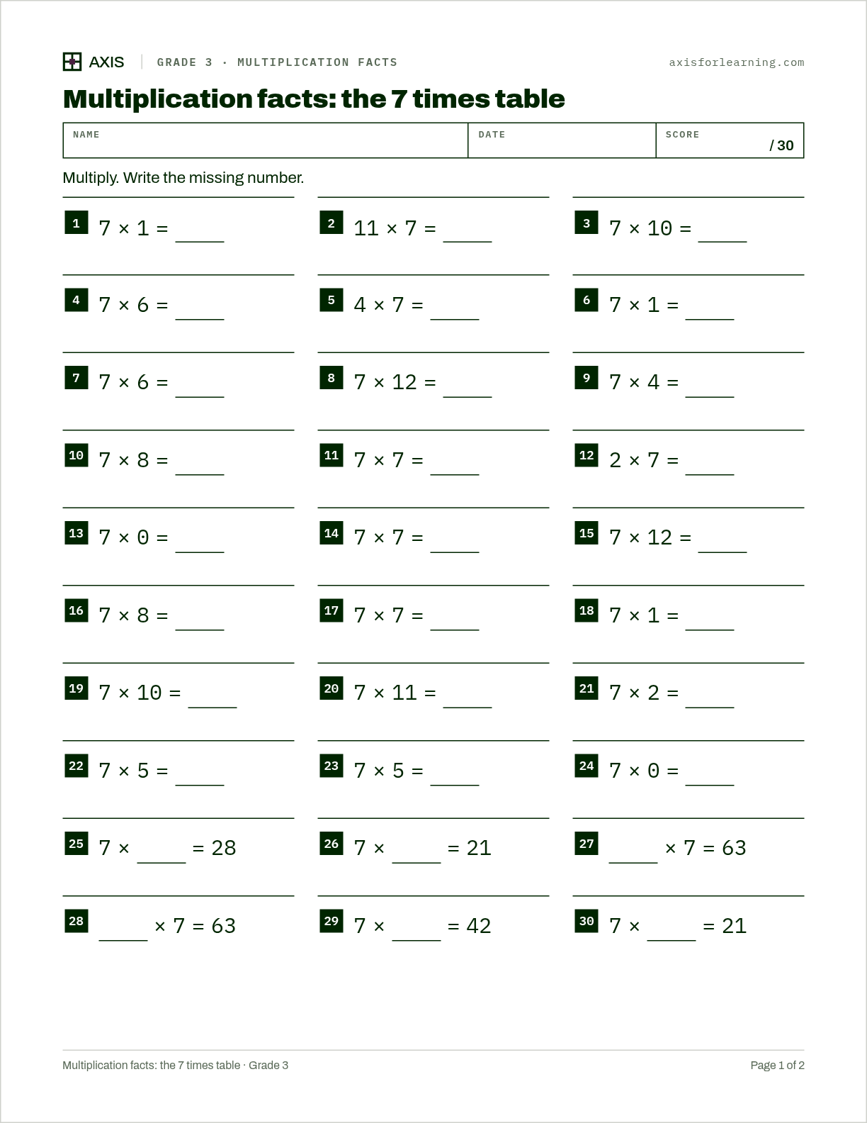Multiplication facts: the 7 times table: first page of the printable worksheet