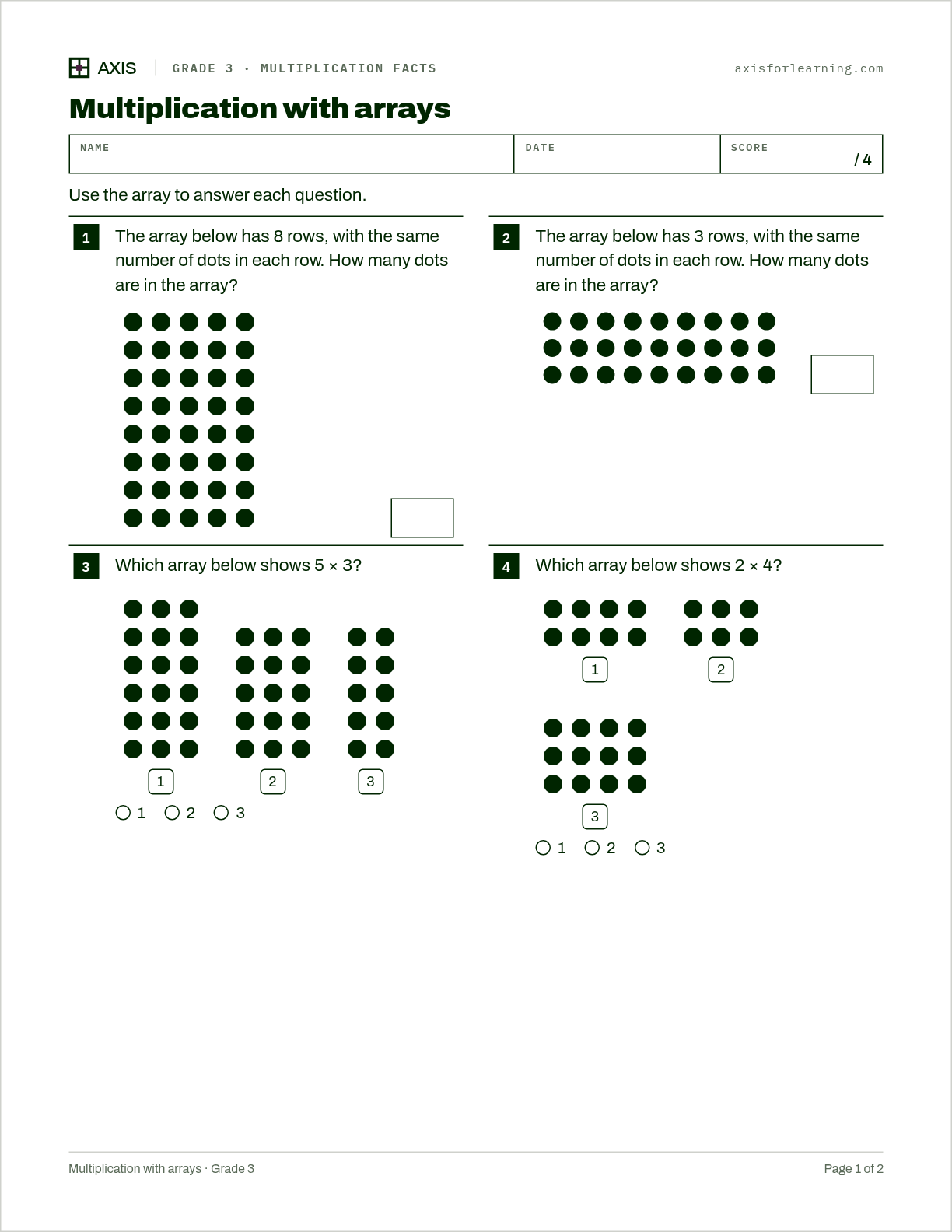 Multiplication with arrays: first page of the printable worksheet