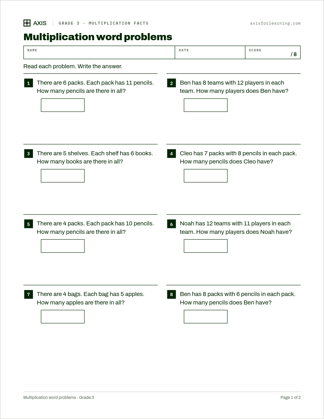 Multiplication word problems: first page of the printable worksheet