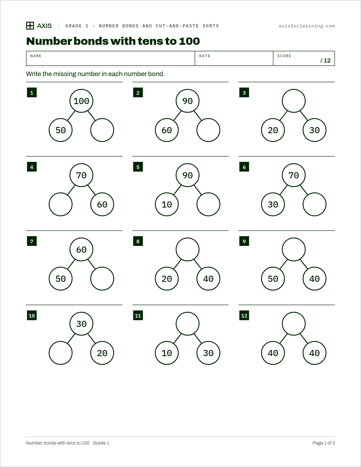 Number bonds with tens to 100: first page of the printable worksheet