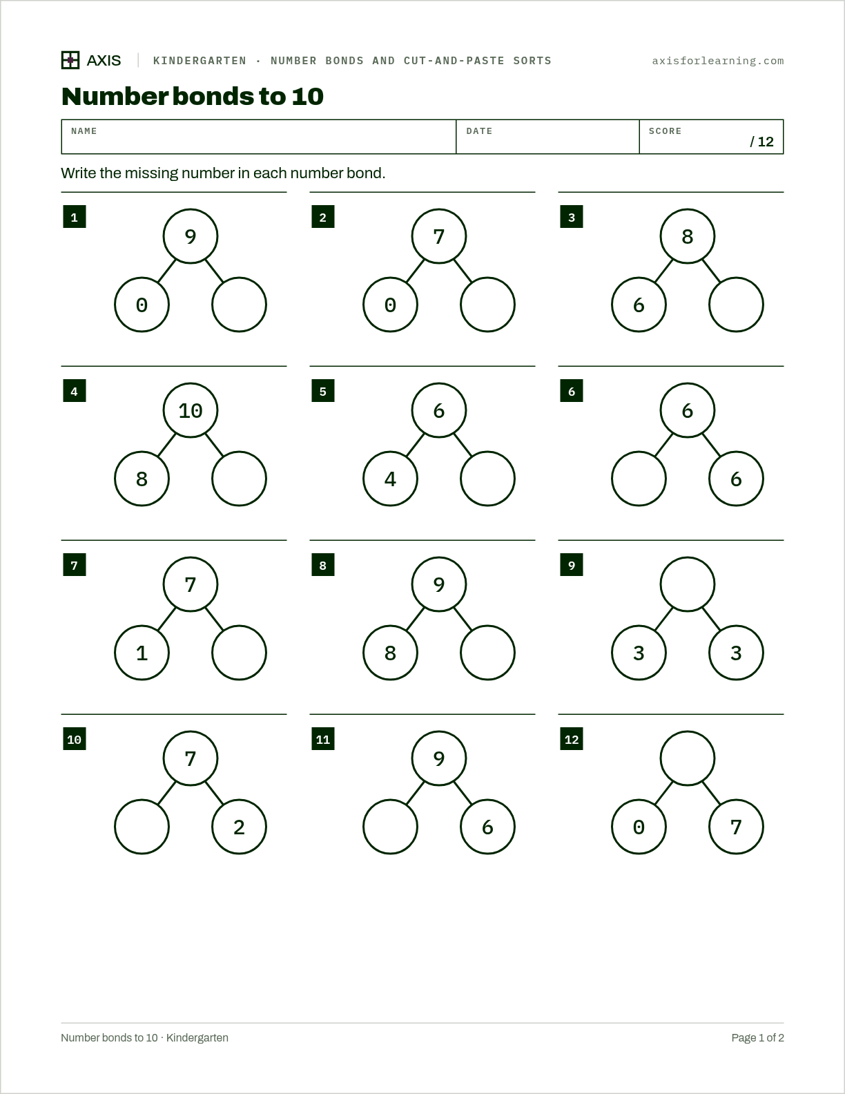 Number bonds to 10: first page of the printable worksheet