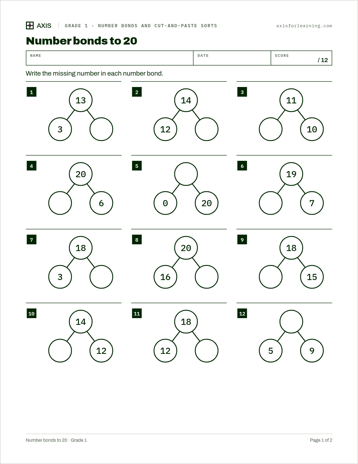 Number bonds to 20: first page of the printable worksheet