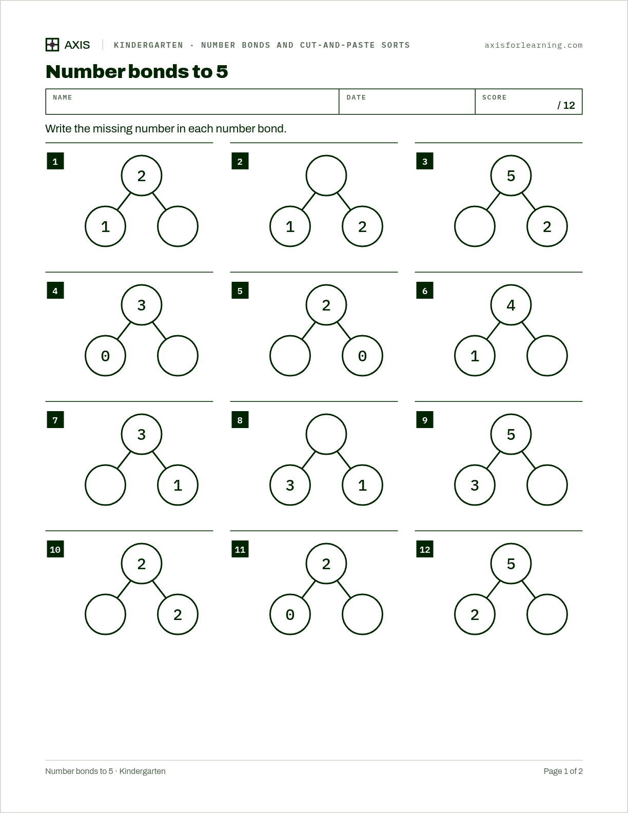 Number bonds to 5: first page of the printable worksheet
