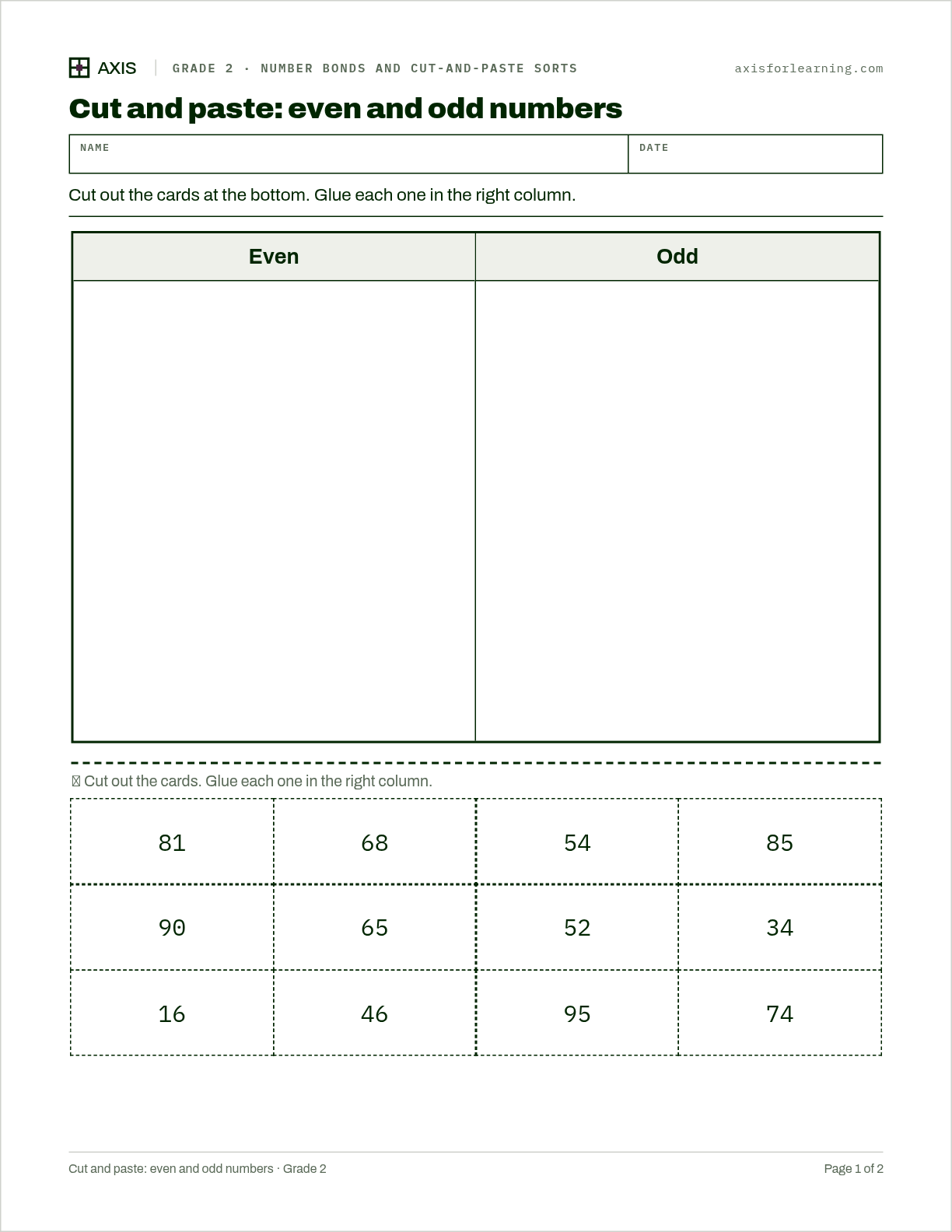 Cut and paste: even and odd numbers: first page of the printable worksheet