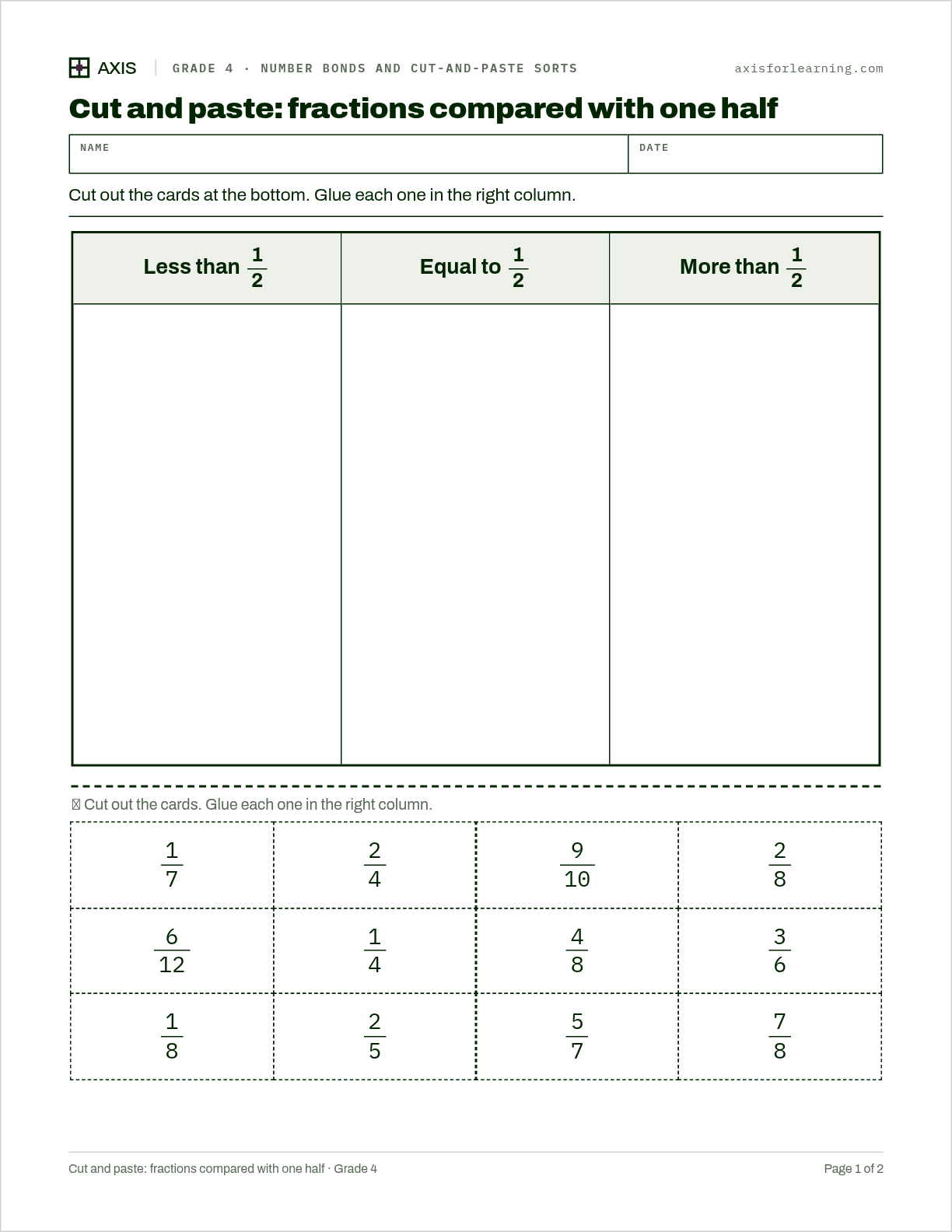 Cut and paste: fractions compared with one half: first page of the printable worksheet