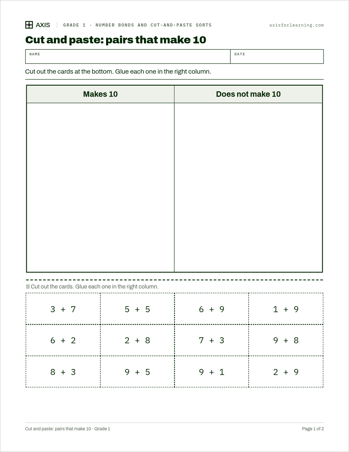 Cut and paste: pairs that make 10: first page of the printable worksheet