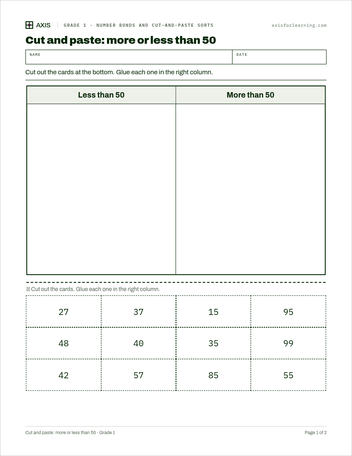 Cut and paste: more or less than 50: first page of the printable worksheet