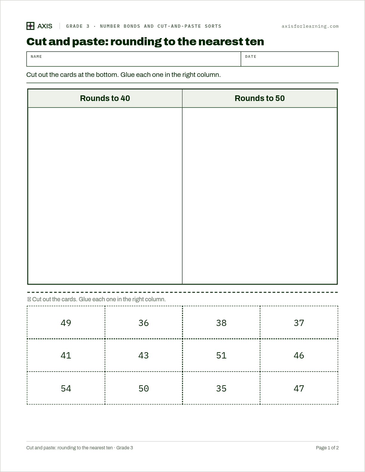 Cut and paste: rounding to the nearest ten: first page of the printable worksheet
