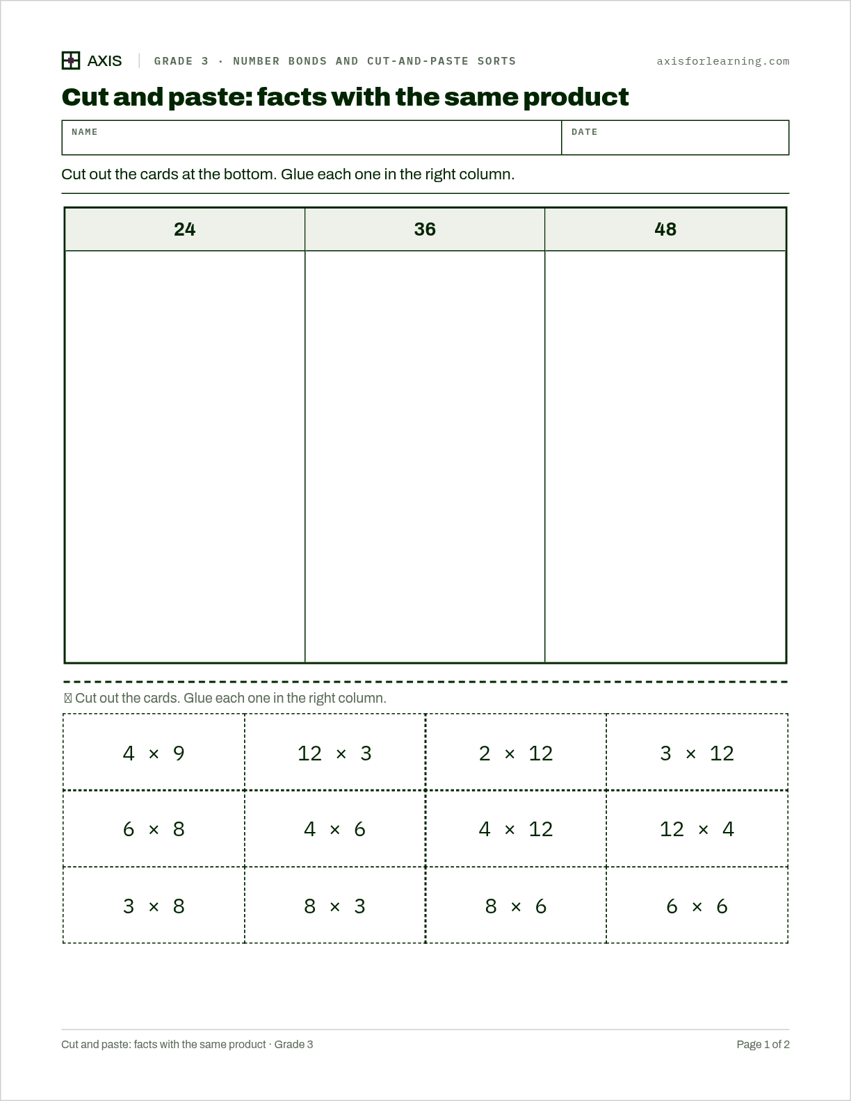 Cut and paste: facts with the same product: first page of the printable worksheet