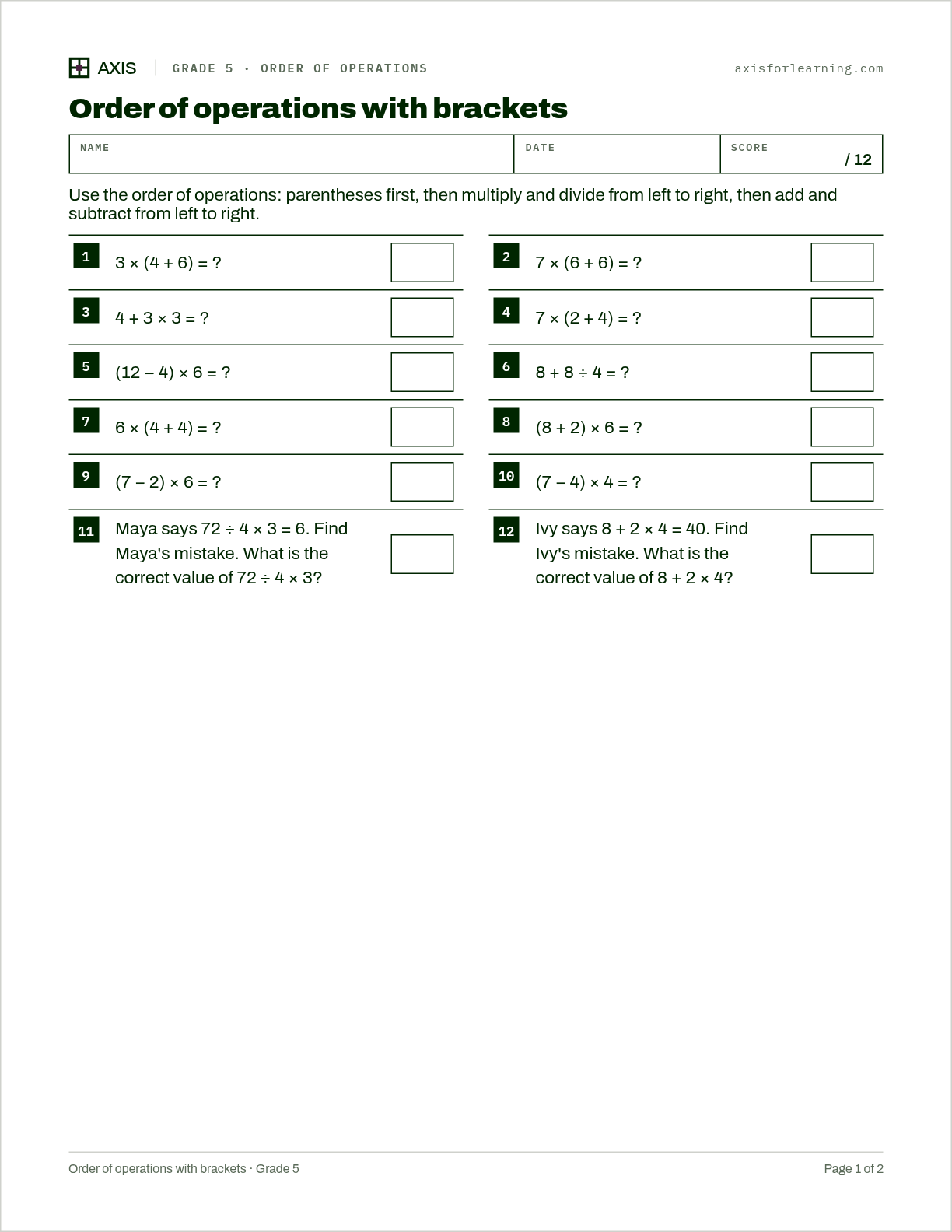 Order of operations with brackets: first page of the printable worksheet
