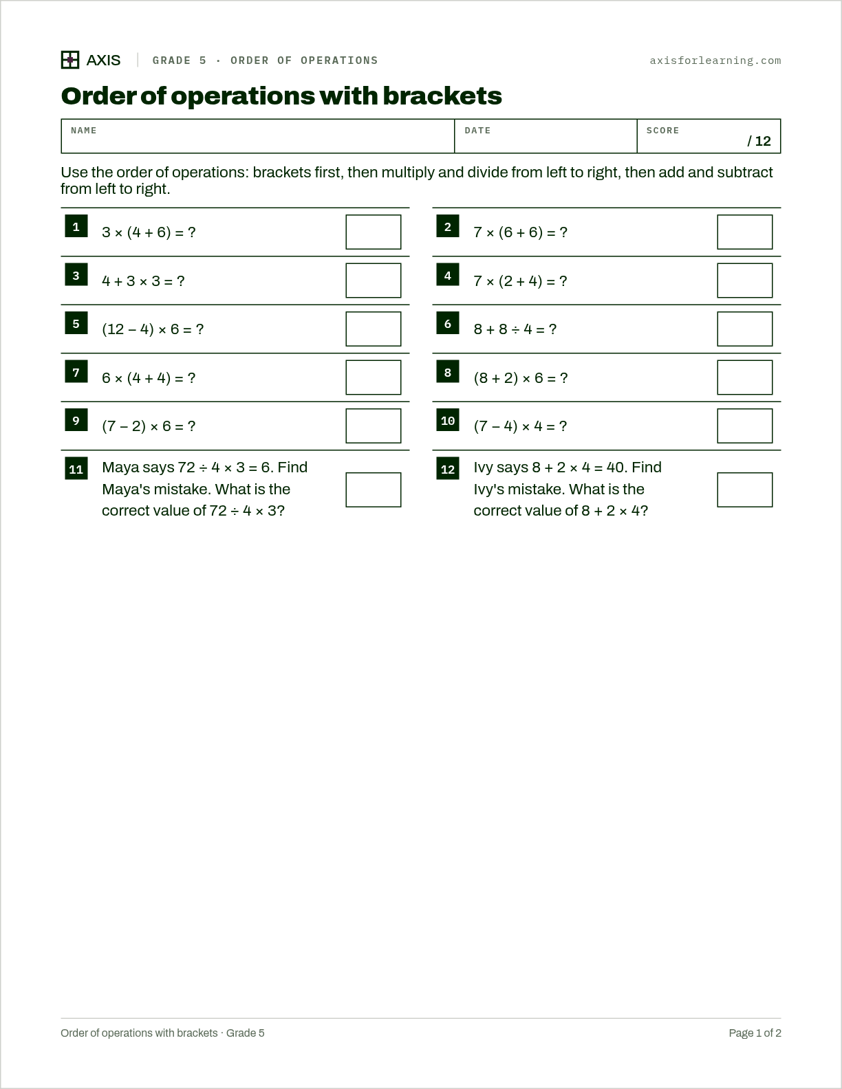Order of operations with brackets: first page of the printable worksheet