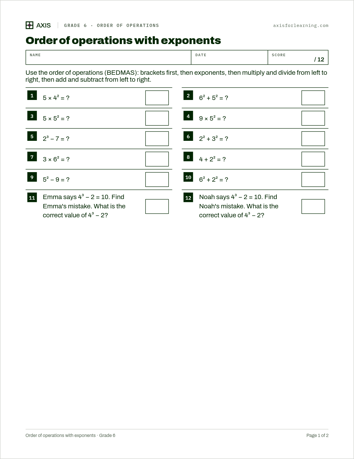 Order of operations with exponents: first page of the printable worksheet