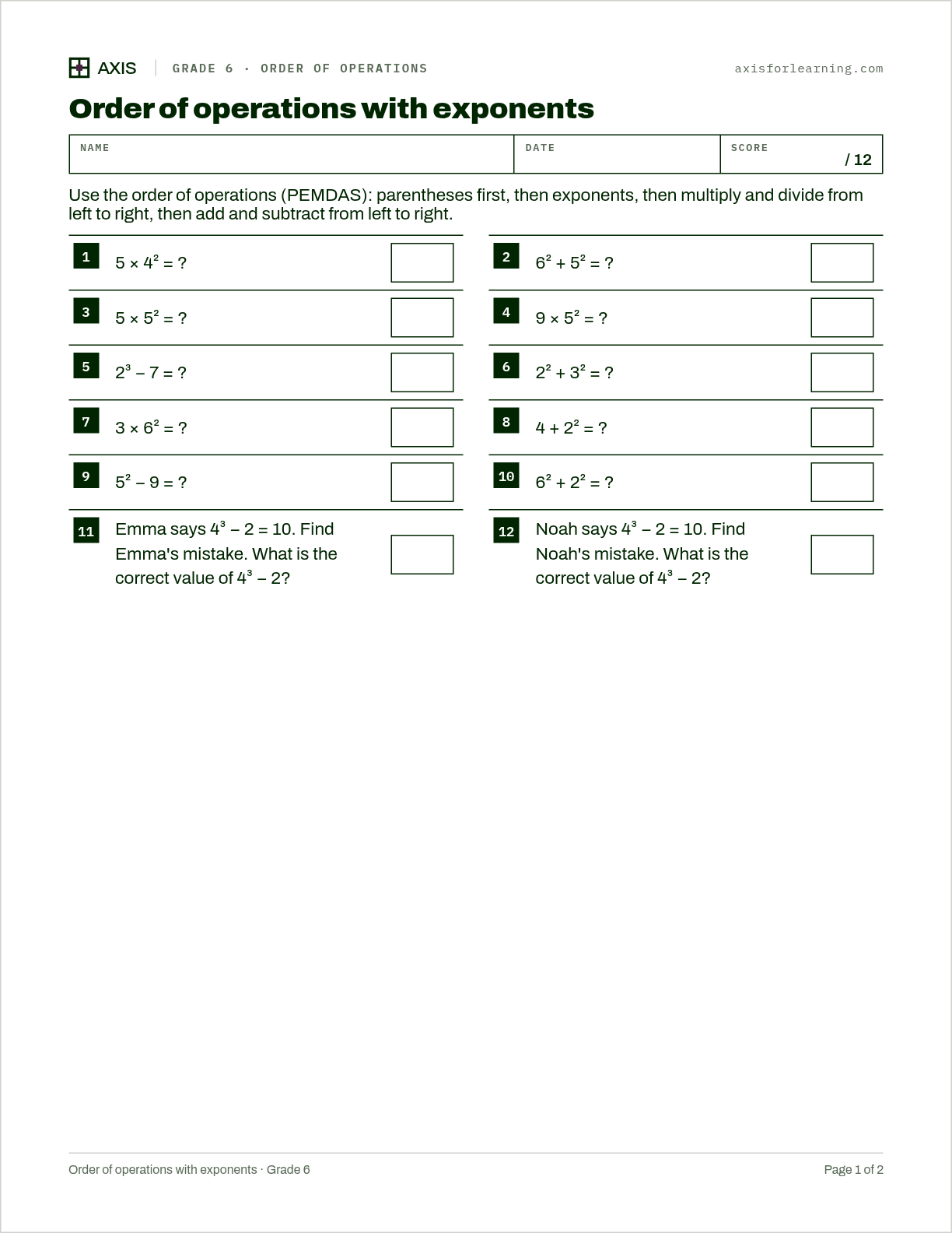 Order of operations with exponents: first page of the printable worksheet