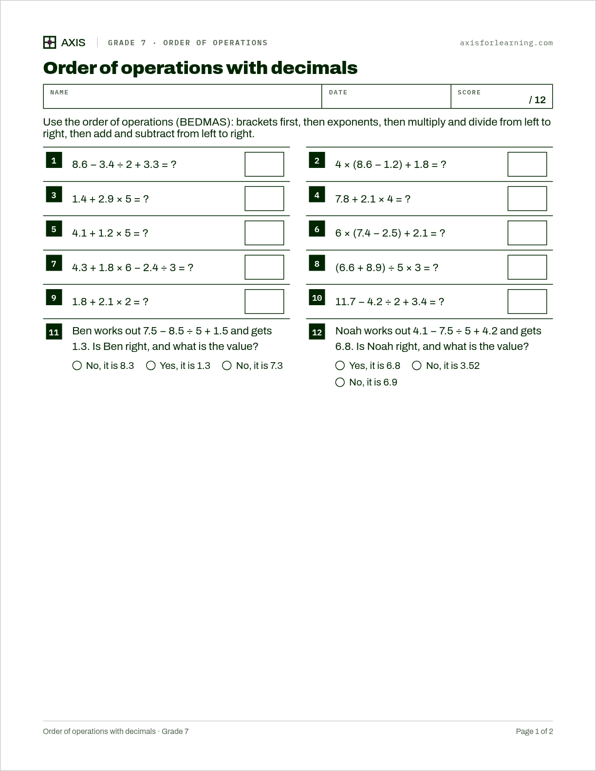 Order of operations with decimals: first page of the printable worksheet