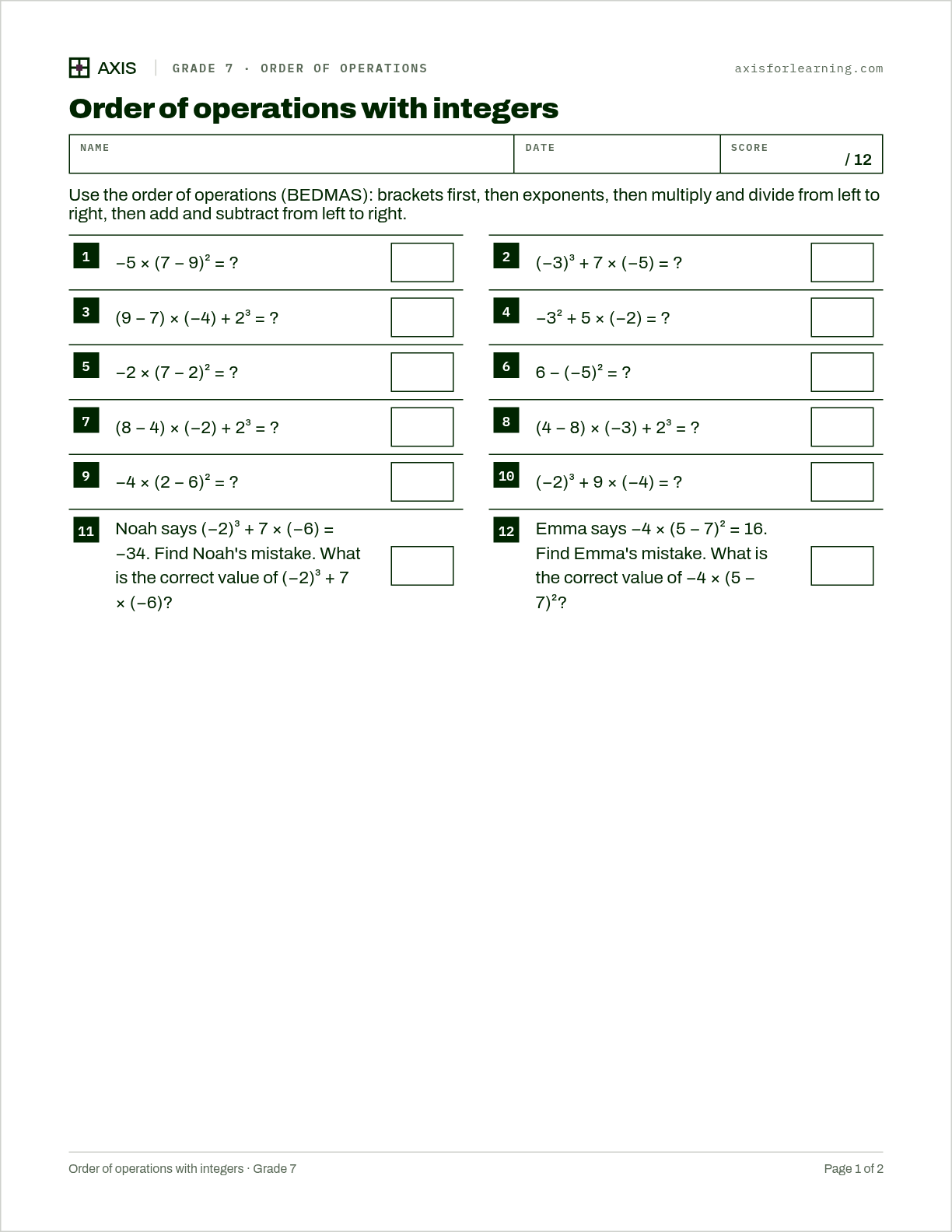 Order of operations with integers: first page of the printable worksheet