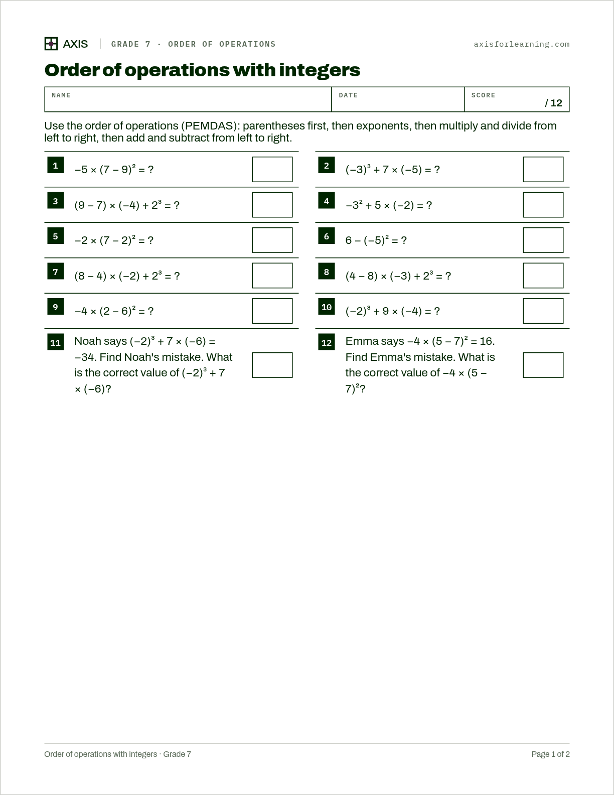Order of operations with integers: first page of the printable worksheet