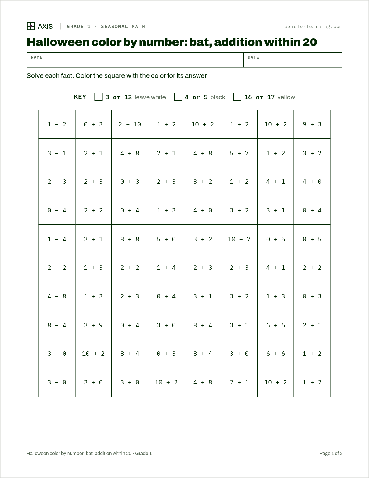 Halloween color by number: bat, addition within 20: first page of the printable worksheet