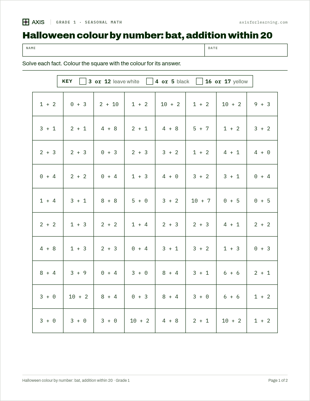 Halloween colour by number: bat, addition within 20: first page of the printable worksheet