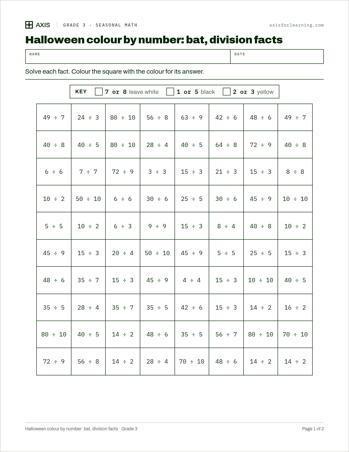 Halloween colour by number: bat, division facts: first page of the printable worksheet