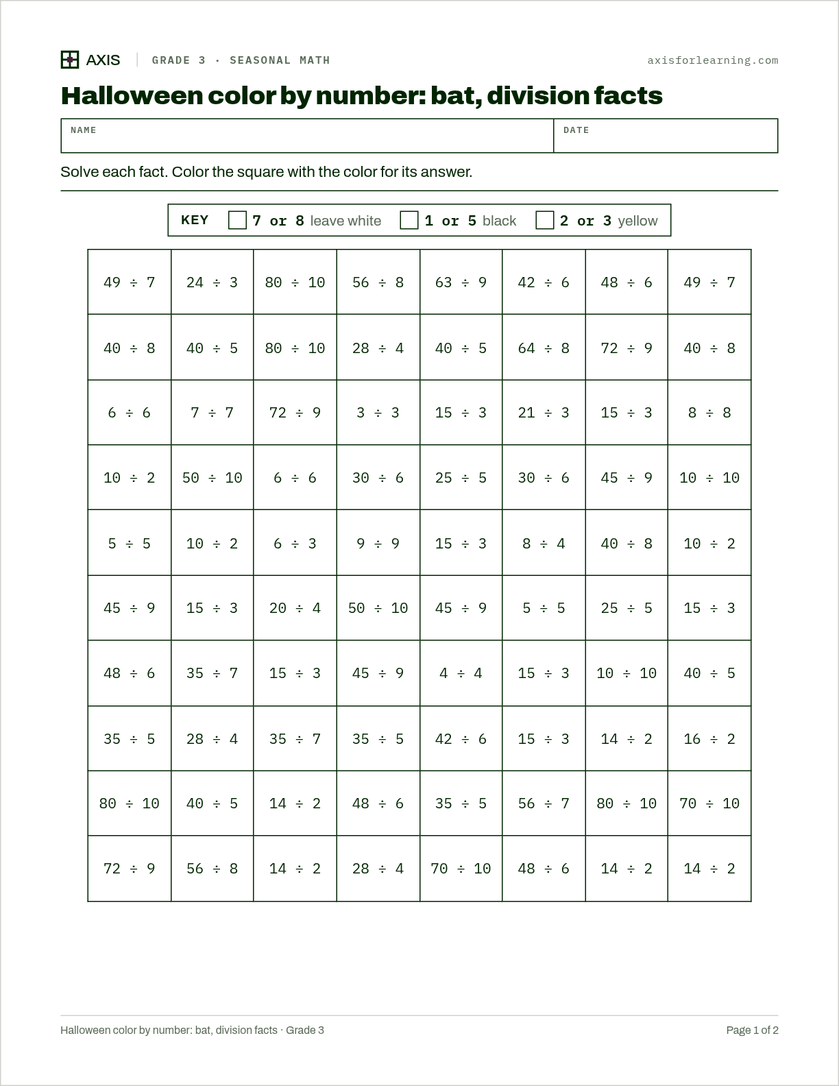 Halloween color by number: bat, division facts: first page of the printable worksheet