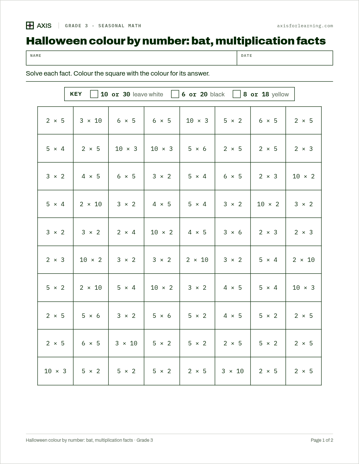 Halloween colour by number: bat, multiplication facts: first page of the printable worksheet