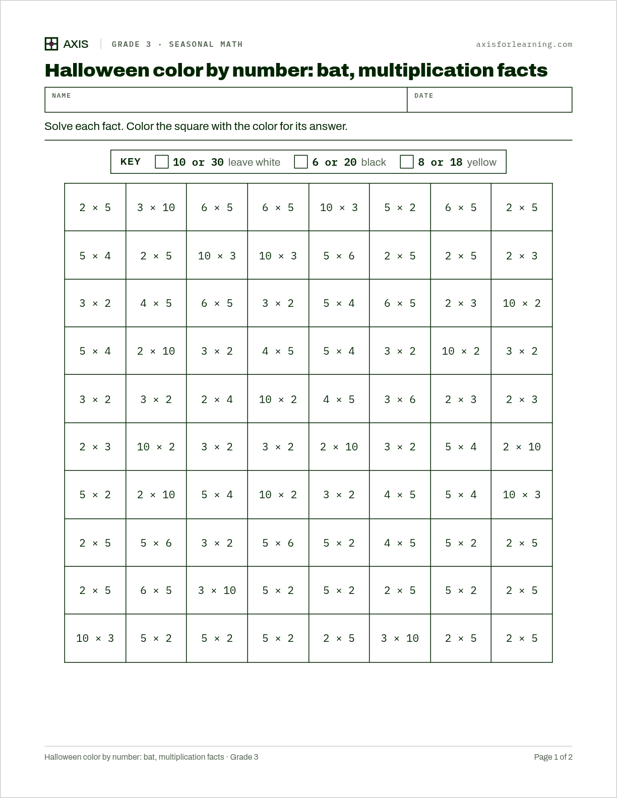 Halloween color by number: bat, multiplication facts: first page of the printable worksheet