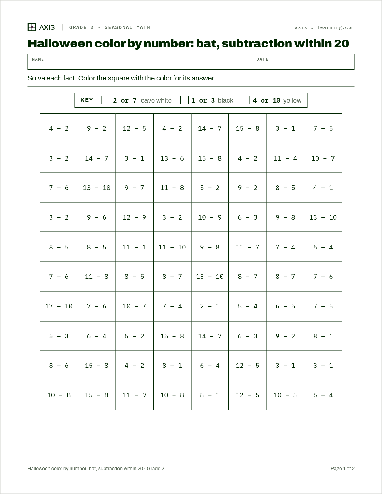 Halloween color by number: bat, subtraction within 20: first page of the printable worksheet