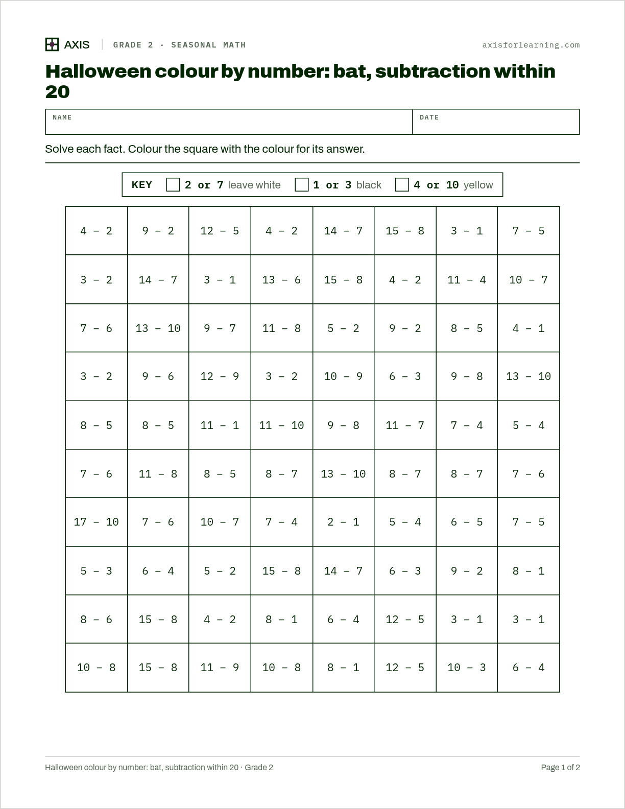 Halloween colour by number: bat, subtraction within 20: first page of the printable worksheet