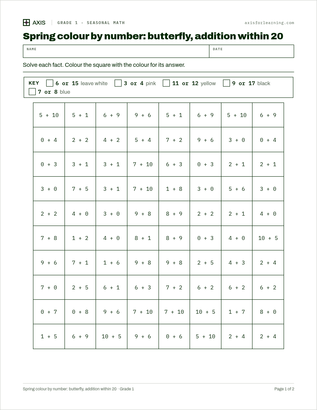 Spring colour by number: butterfly, addition within 20: first page of the printable worksheet