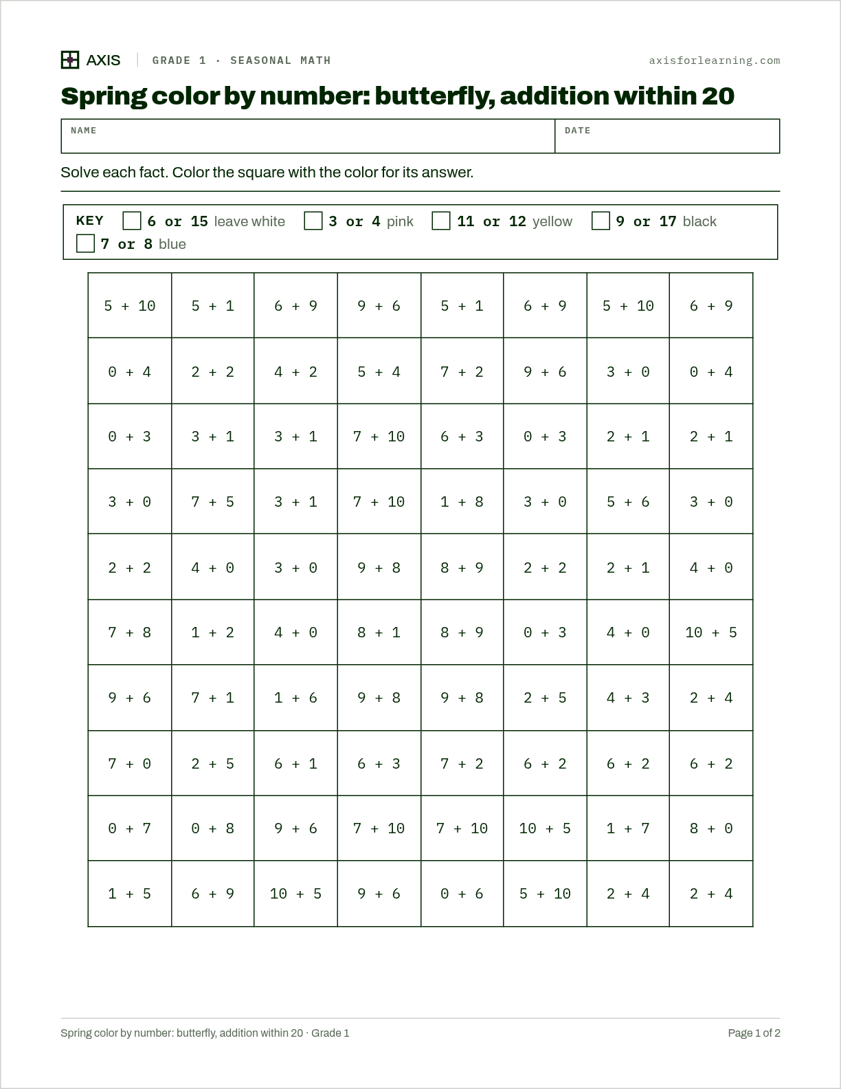 Spring color by number: butterfly, addition within 20: first page of the printable worksheet
