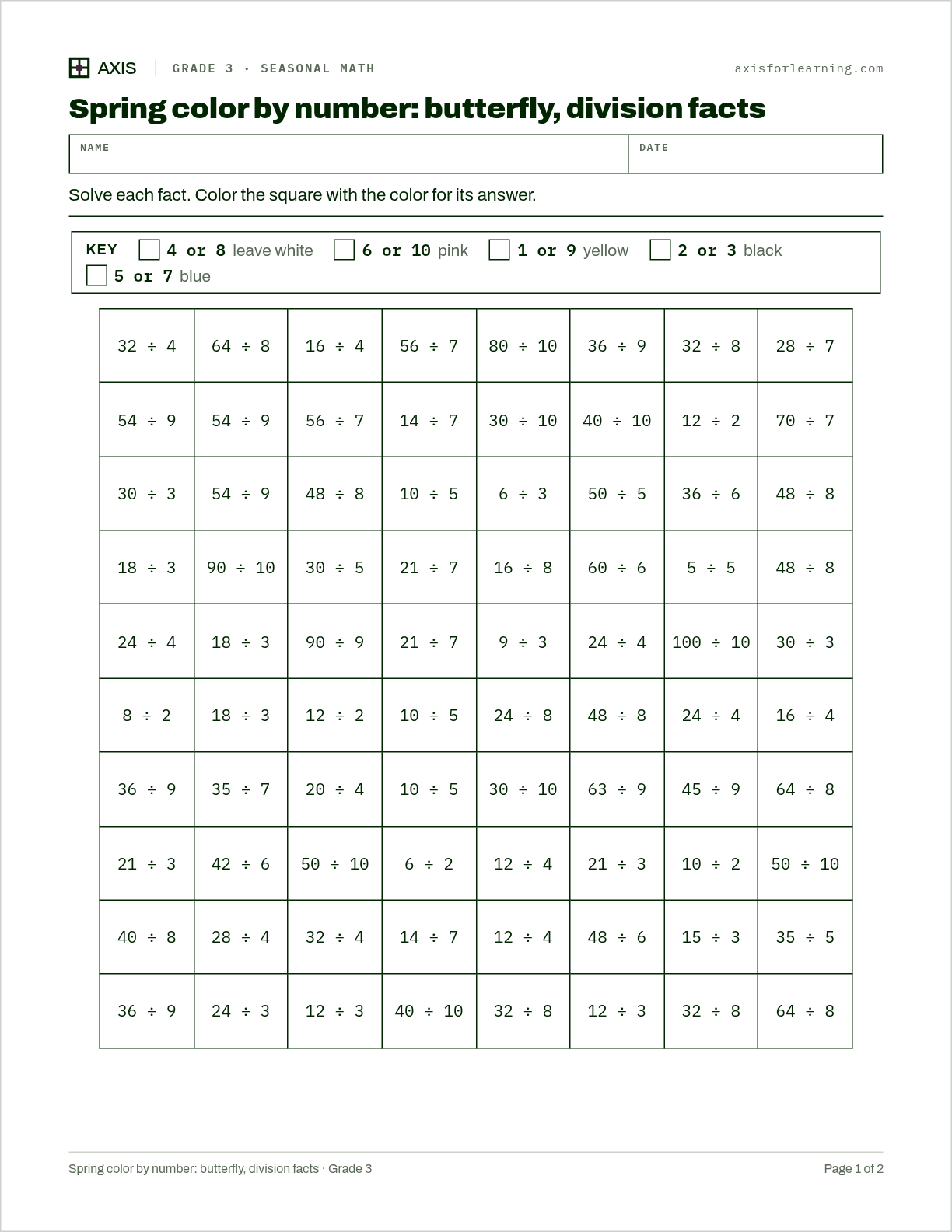 Spring color by number: butterfly, division facts: first page of the printable worksheet