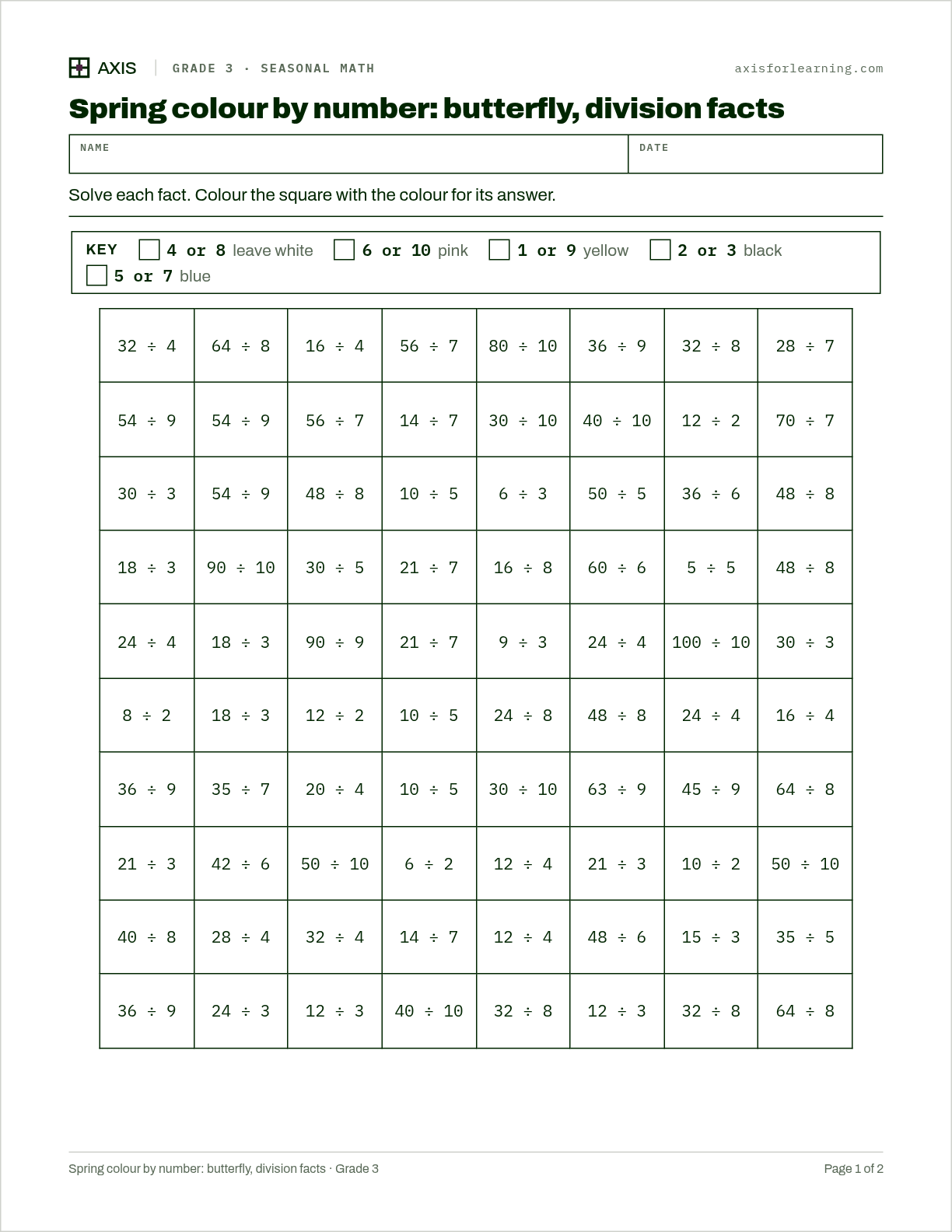 Spring colour by number: butterfly, division facts: first page of the printable worksheet