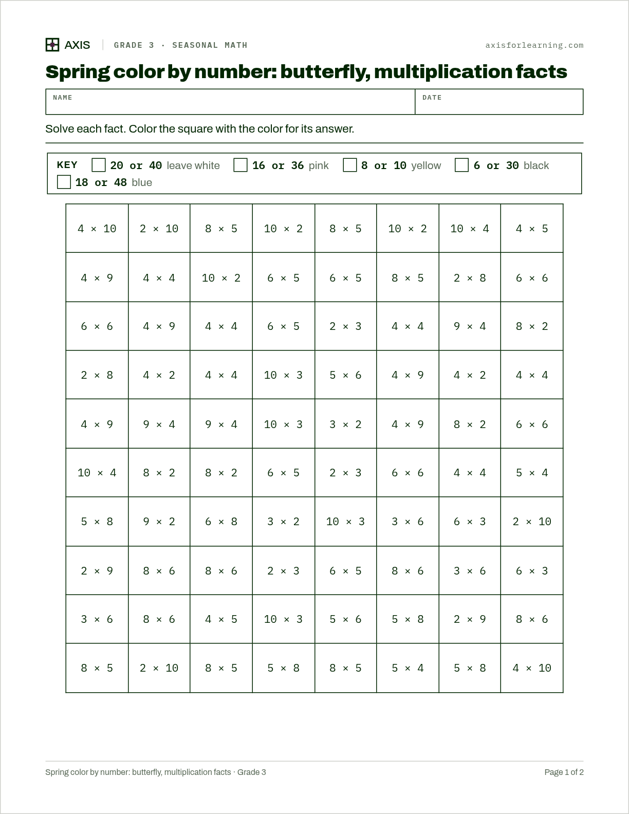 Spring color by number: butterfly, multiplication facts: first page of the printable worksheet