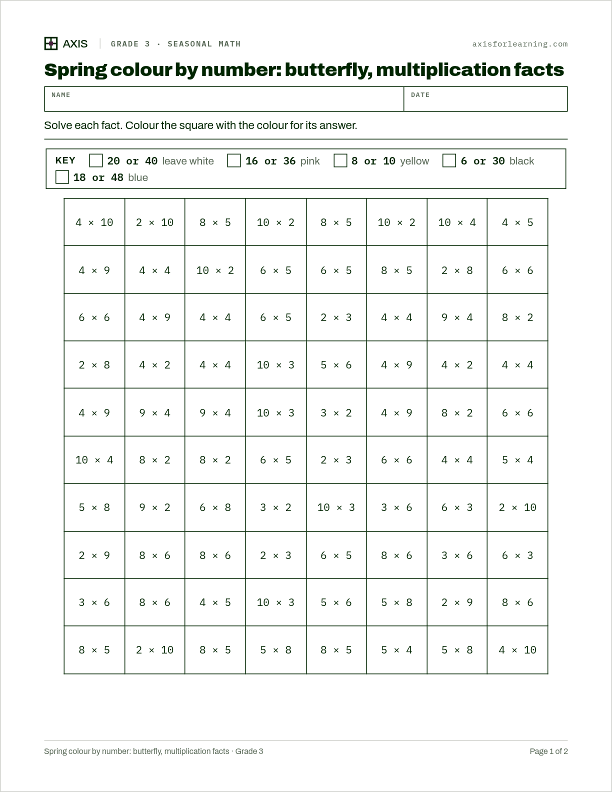 Spring colour by number: butterfly, multiplication facts: first page of the printable worksheet