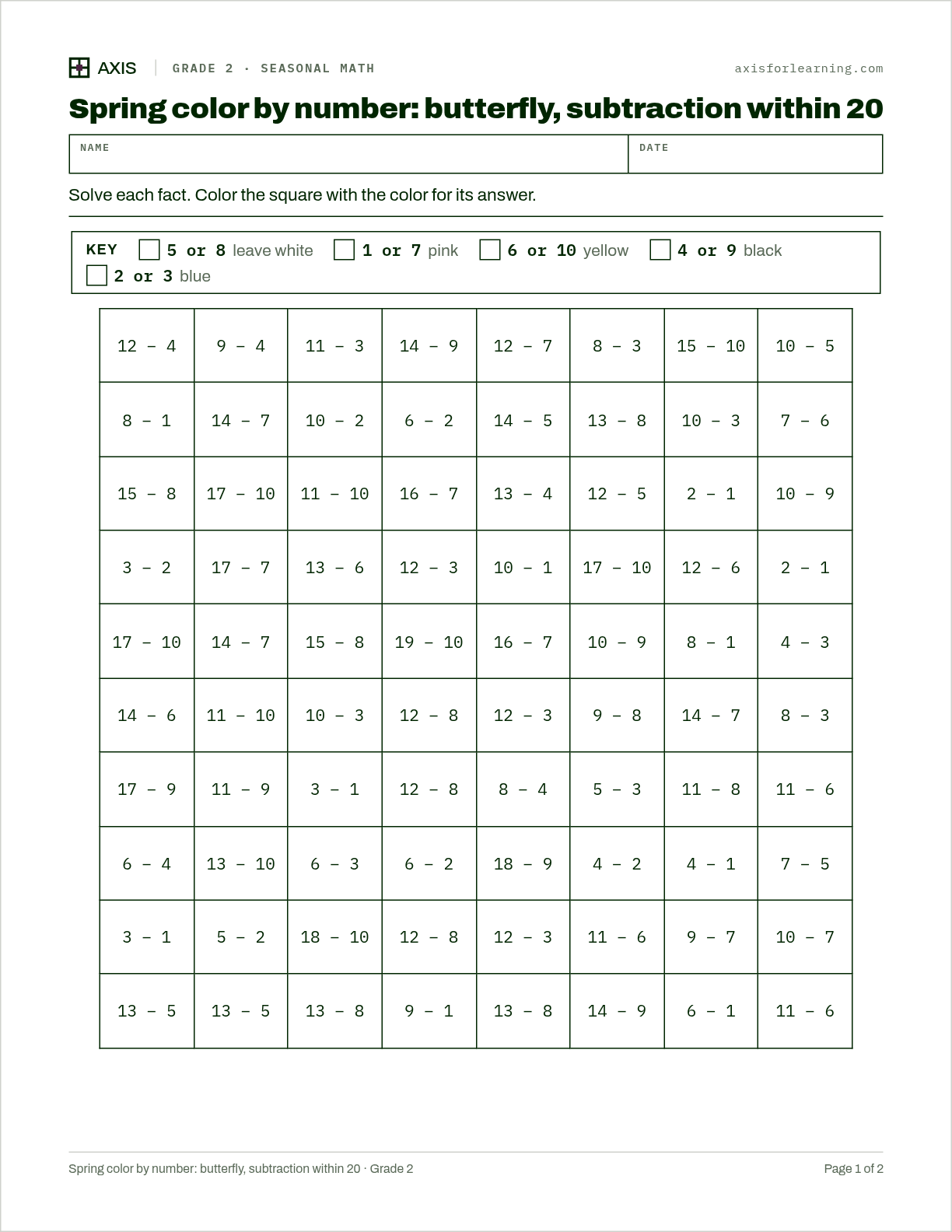 Spring color by number: butterfly, subtraction within 20: first page of the printable worksheet
