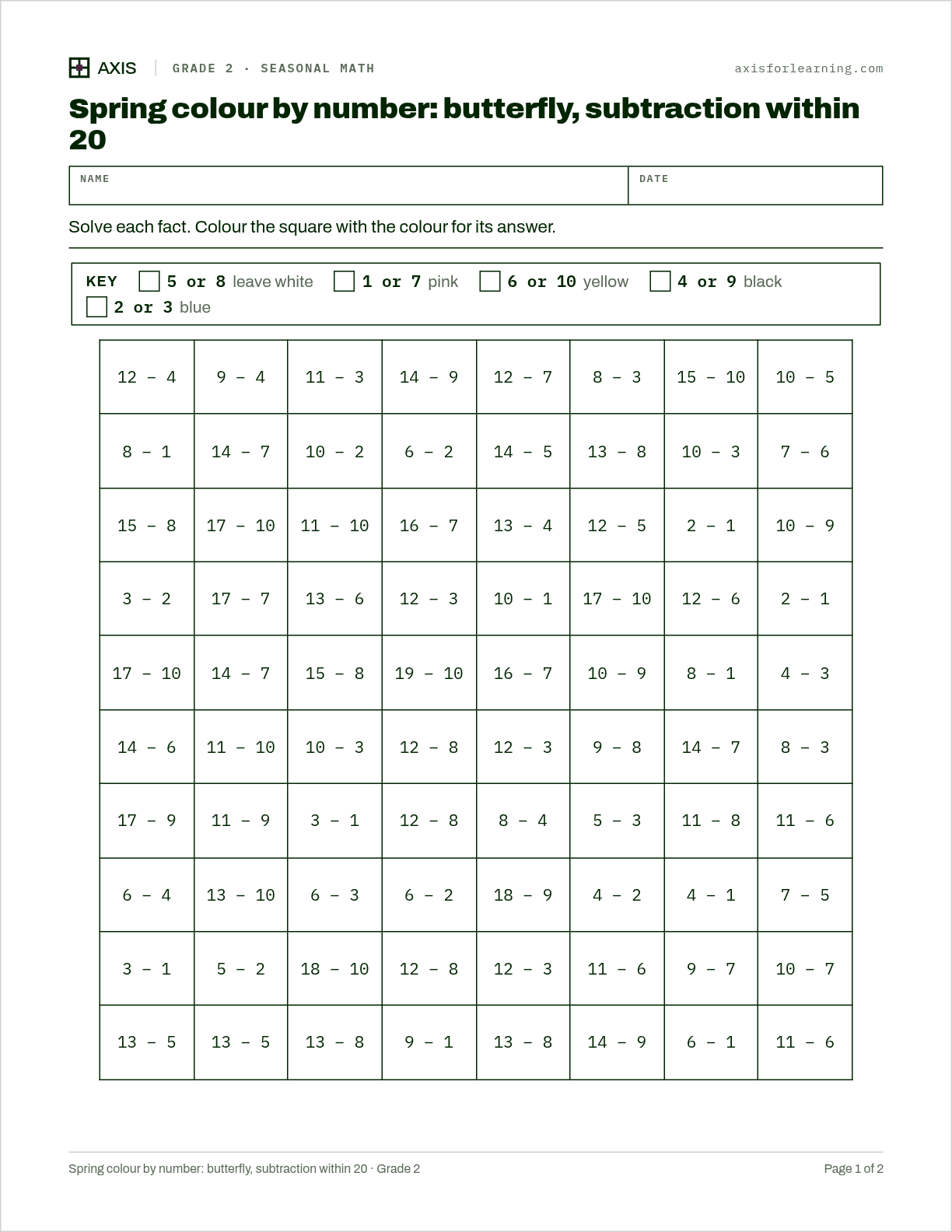 Spring colour by number: butterfly, subtraction within 20: first page of the printable worksheet