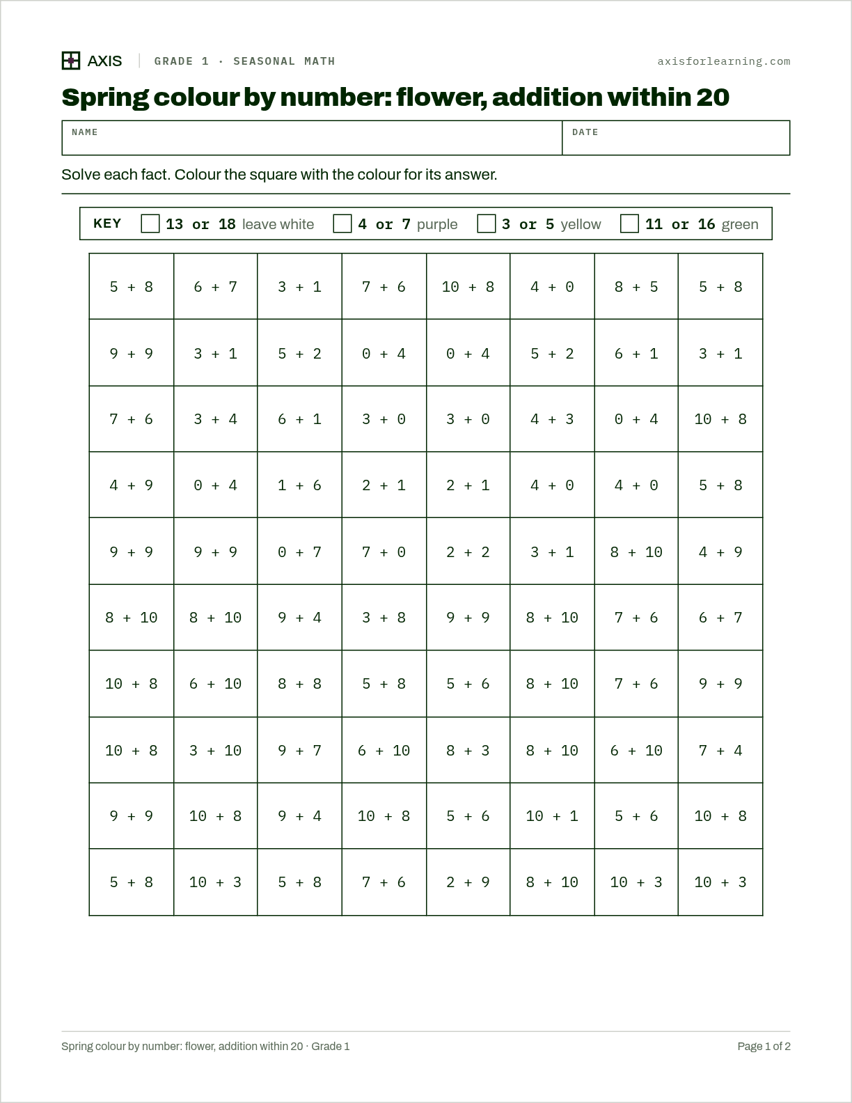 Spring colour by number: flower, addition within 20: first page of the printable worksheet