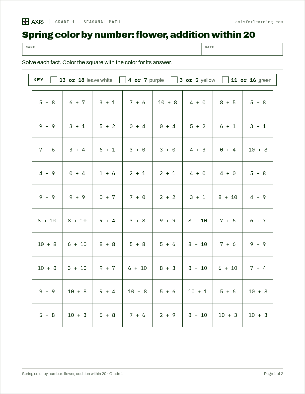 Spring color by number: flower, addition within 20: first page of the printable worksheet