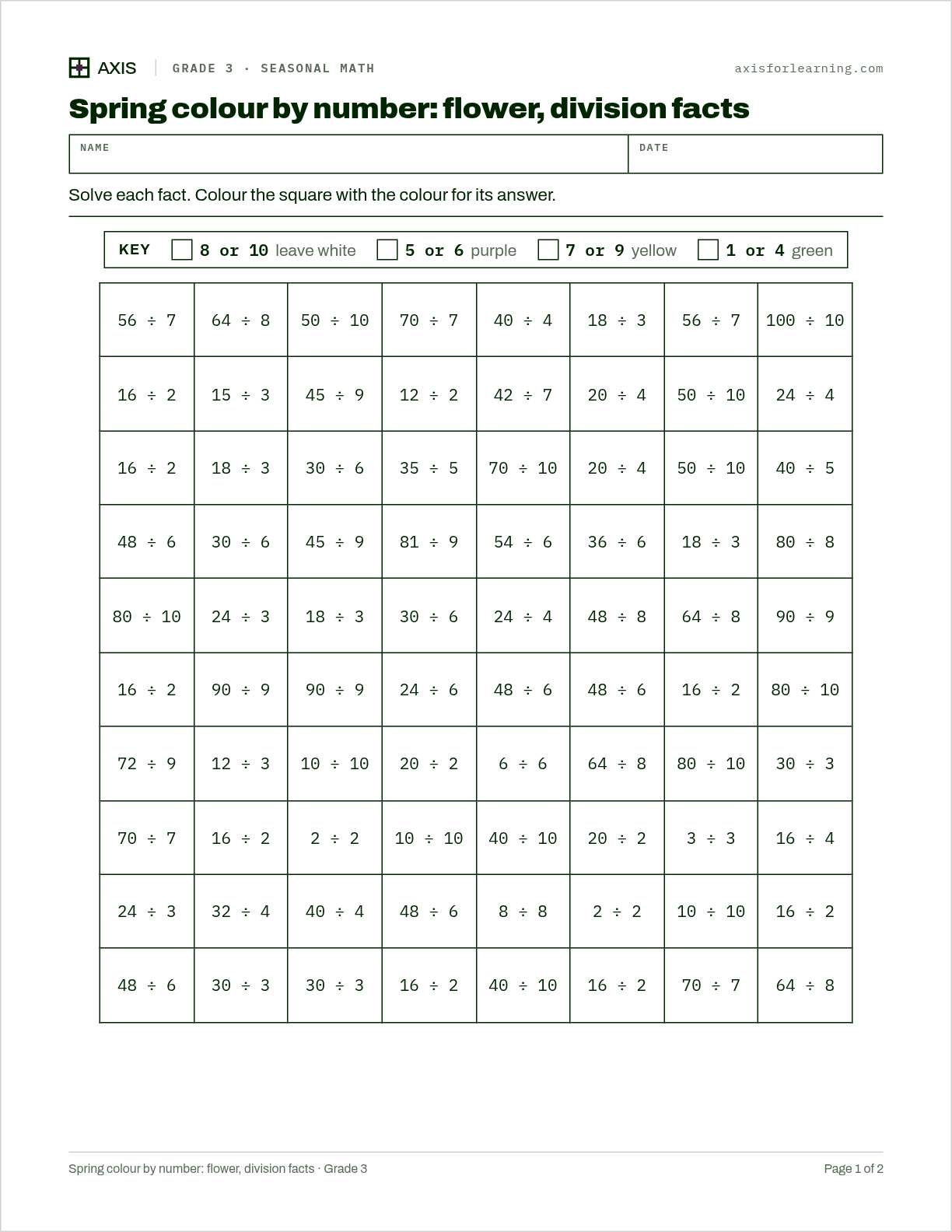 Spring colour by number: flower, division facts: first page of the printable worksheet