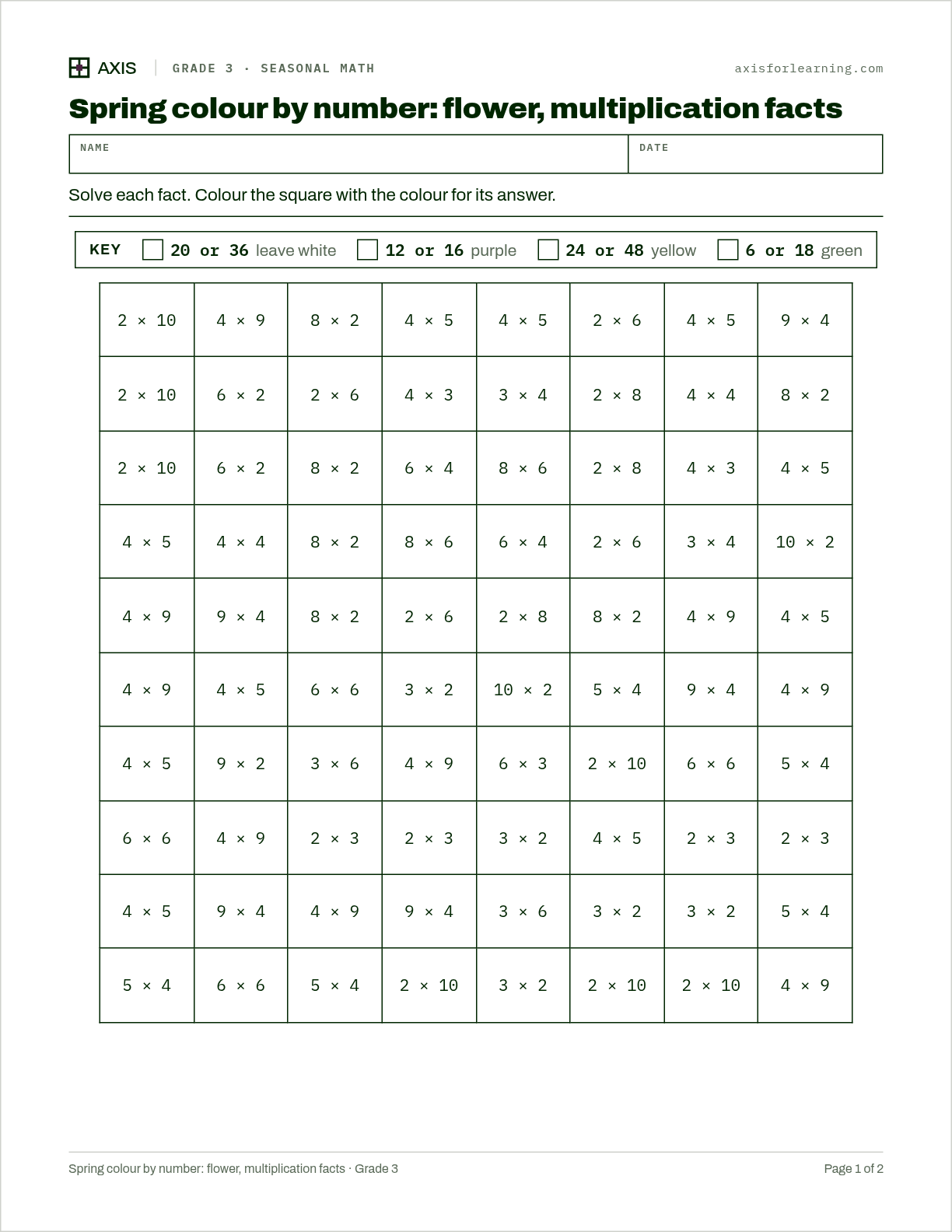 Spring colour by number: flower, multiplication facts: first page of the printable worksheet