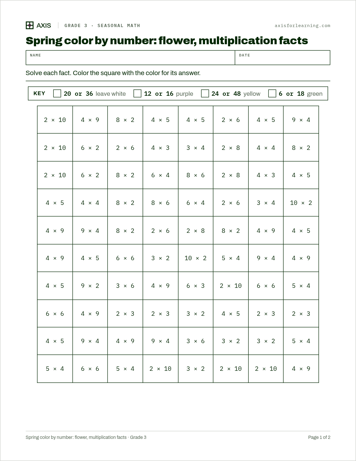 Spring color by number: flower, multiplication facts: first page of the printable worksheet
