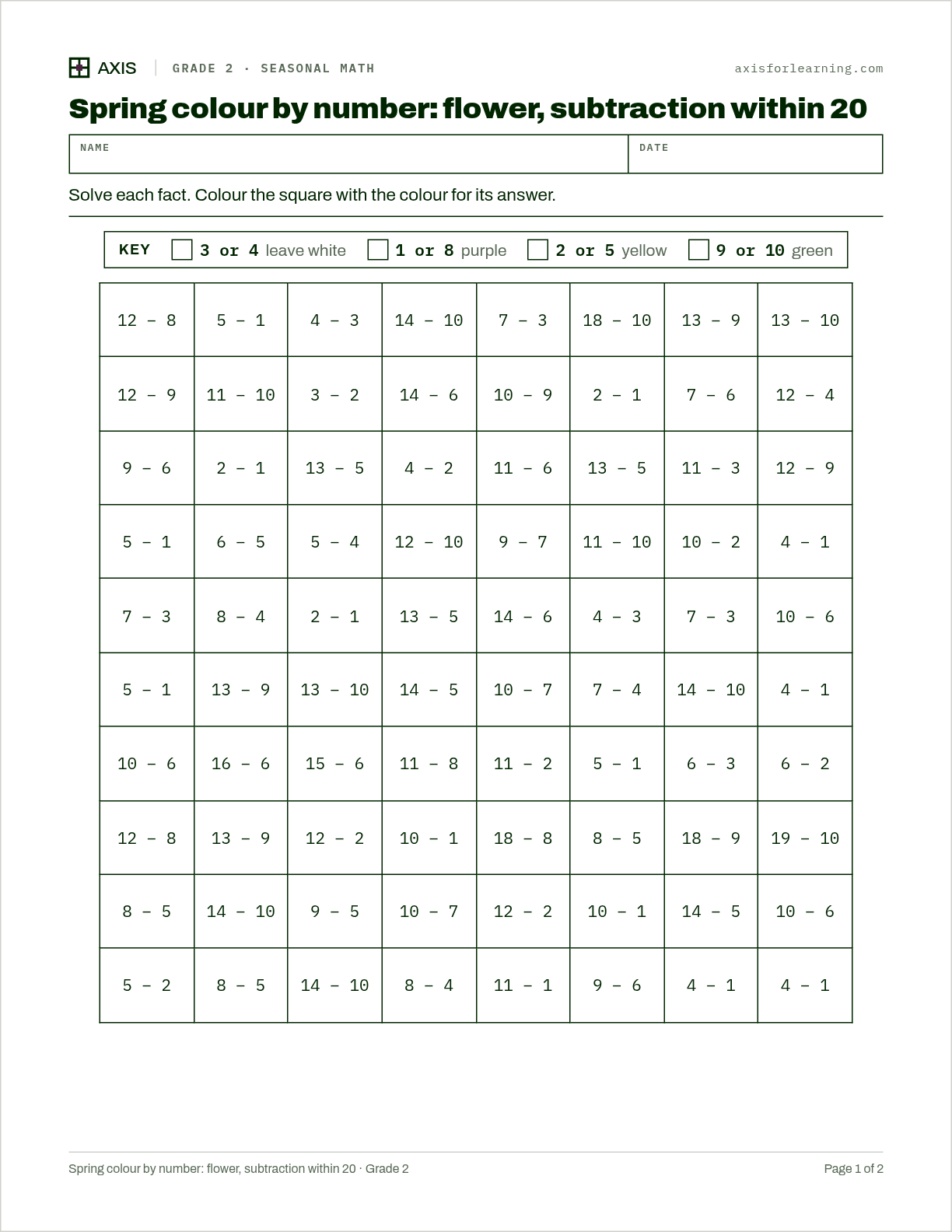 Spring colour by number: flower, subtraction within 20: first page of the printable worksheet