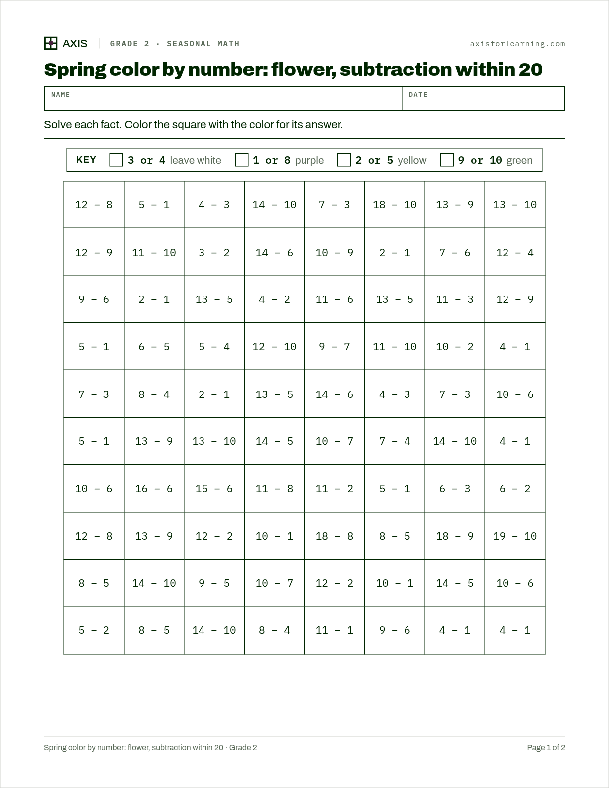 Spring color by number: flower, subtraction within 20: first page of the printable worksheet