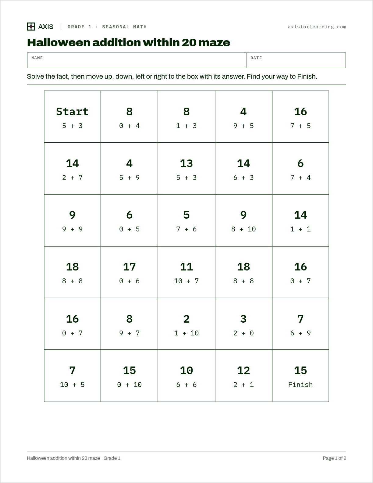 Halloween addition within 20 maze: first page of the printable worksheet