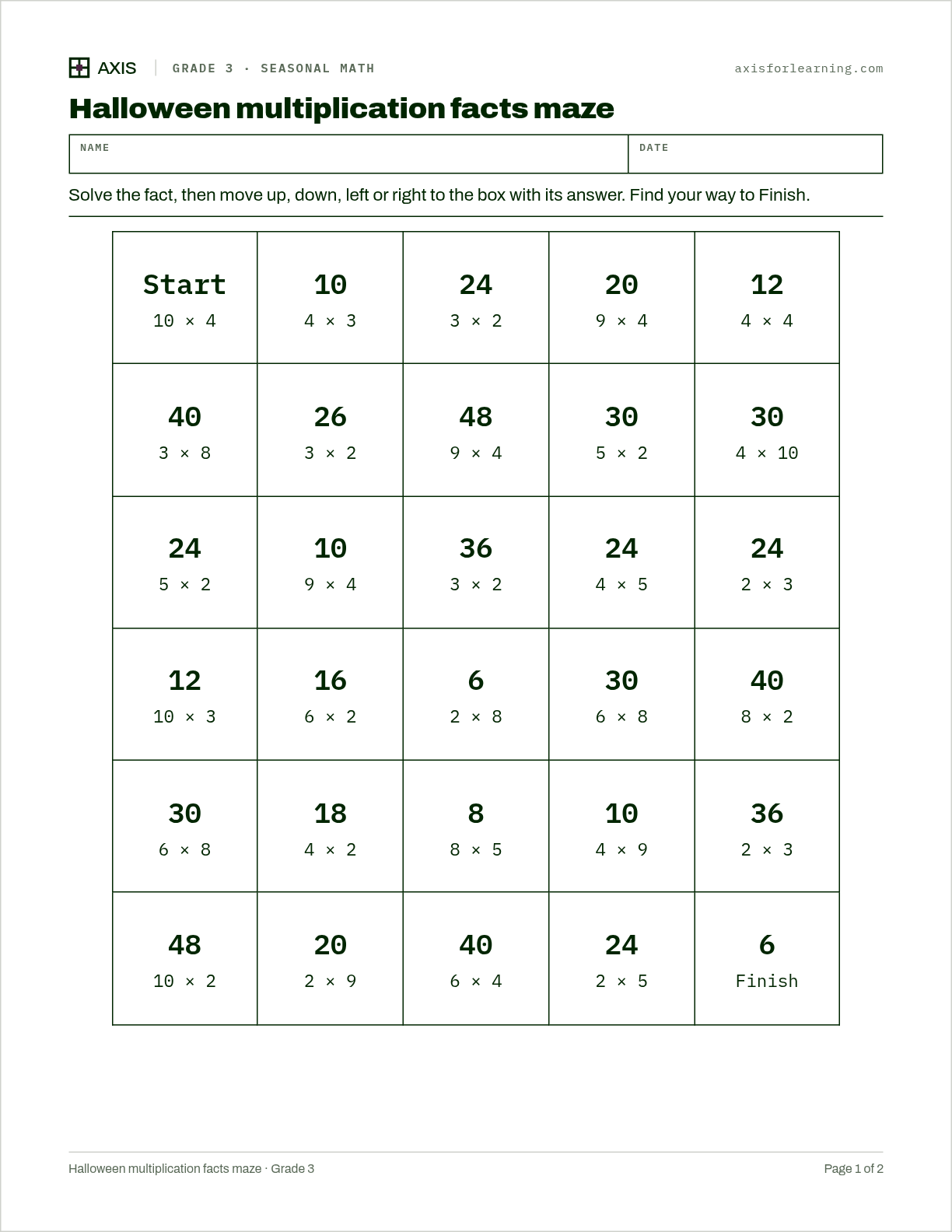 Halloween multiplication facts maze: first page of the printable worksheet