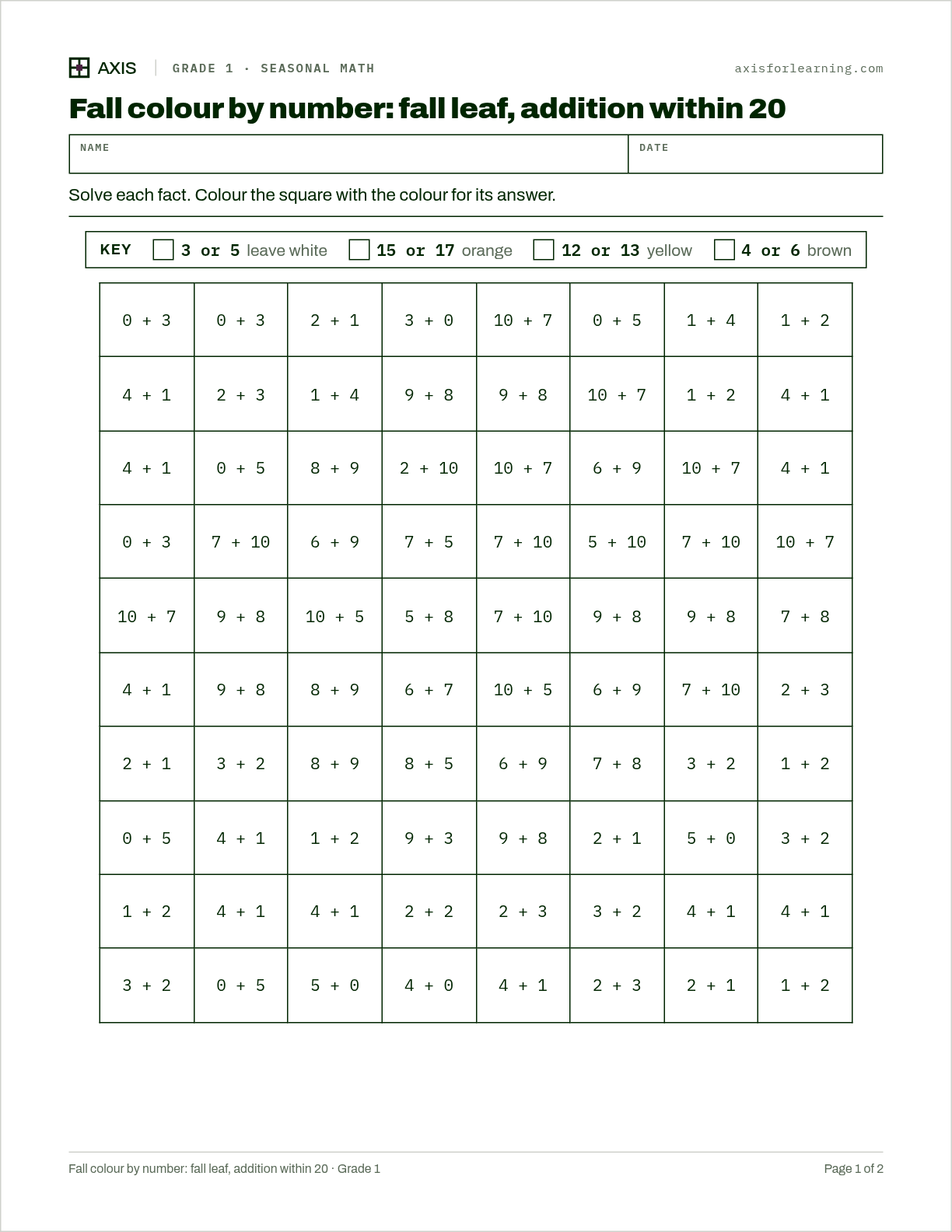 Fall colour by number: fall leaf, addition within 20: first page of the printable worksheet