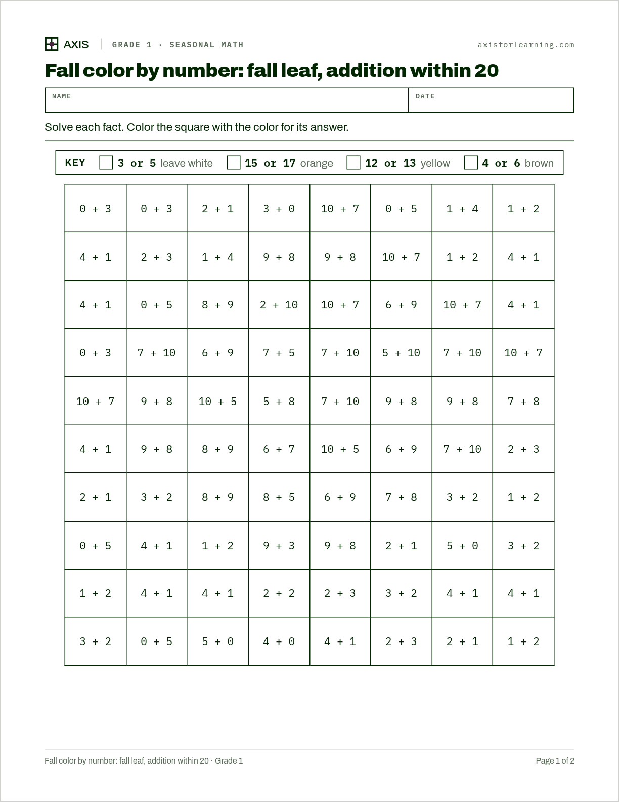 Fall color by number: fall leaf, addition within 20: first page of the printable worksheet