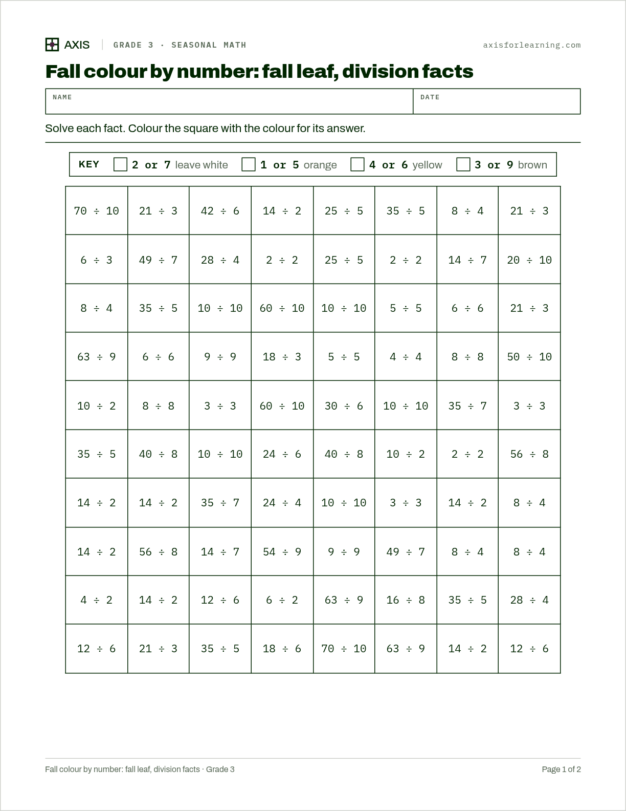 Fall colour by number: fall leaf, division facts: first page of the printable worksheet