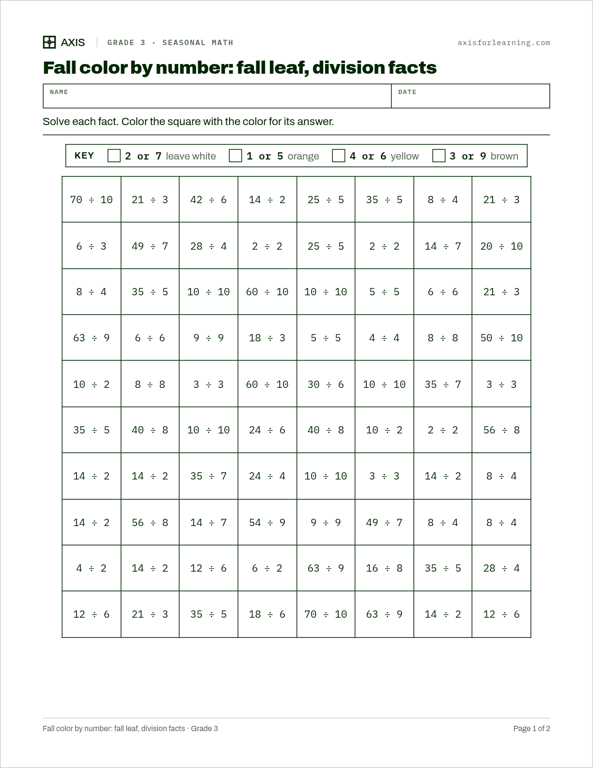 Fall color by number: fall leaf, division facts: first page of the printable worksheet
