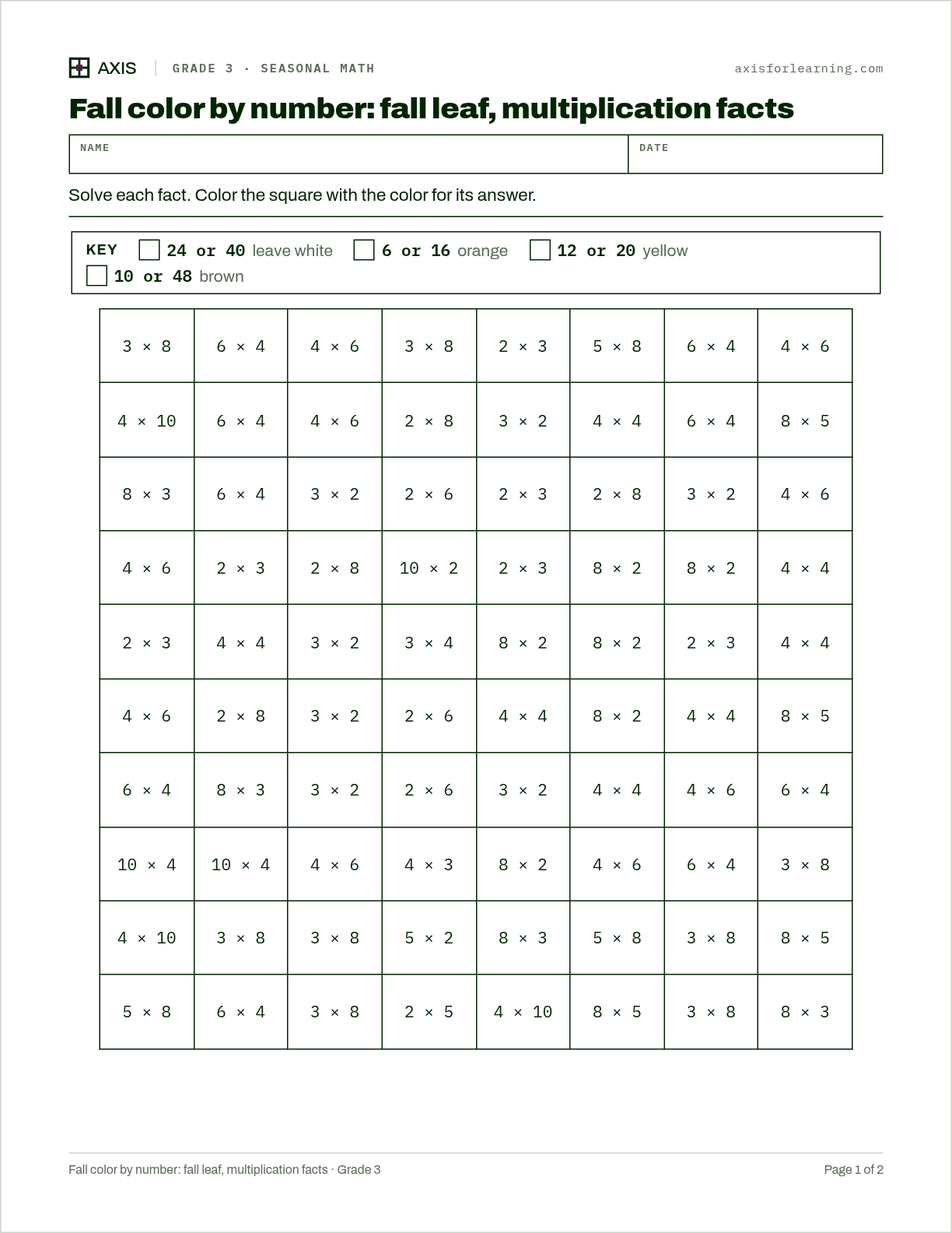 Fall color by number: fall leaf, multiplication facts: first page of the printable worksheet